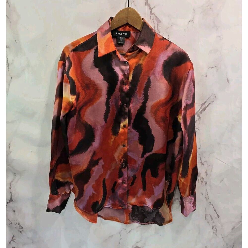Bailey 44 Shirt Womens Small Orange Purple Satin Button Up Retro Disco Groovy